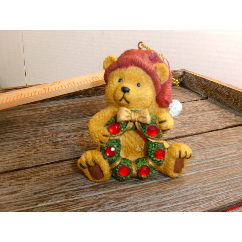 Boyds Bears Christmas Ornament Teddy Bear Red Santa Hat Wreath Gemstones 2"